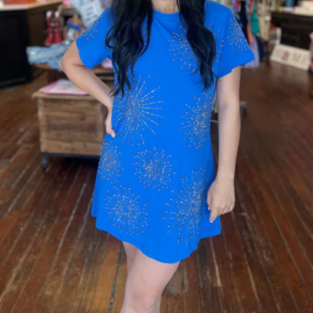 Queen of Sparkles -Royal Blue Firework Tee Dress (XS) - 4th of July